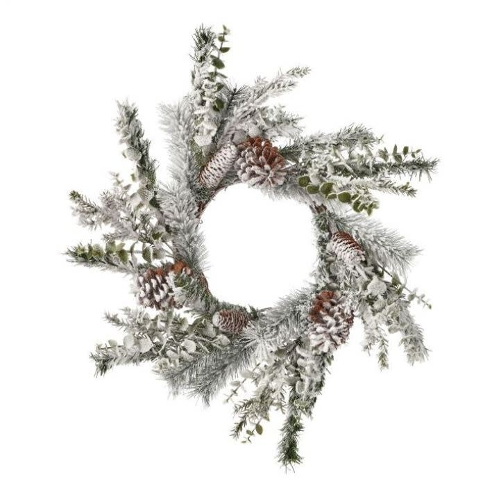 26-inch snow-dusted pine and eucalyptus wreath featuring natural pine cones.