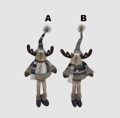 Two plush moose shelf sitters with dangle legs, wearing knit hats and scarves, labeled A and B.