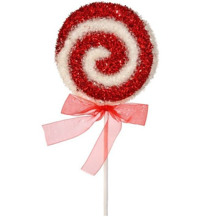 Seventeen-inch red and white swirl candy lollipop ornament with a sparkling bow accent