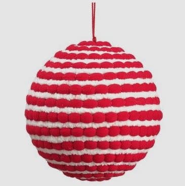 Red pompon yarn ball Christmas ornament made with plastic and polyester.