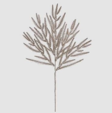 A 30-inch champagne-colored glittered fir spray with a plastic and wire construction.