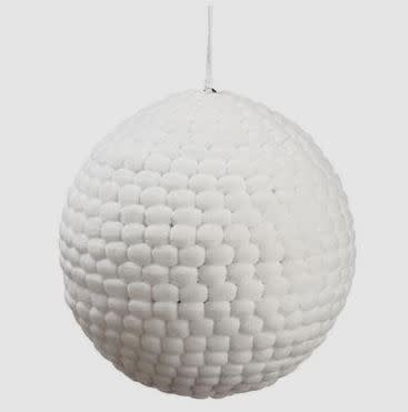 White yarn ball ornament with a natural fiber texture.