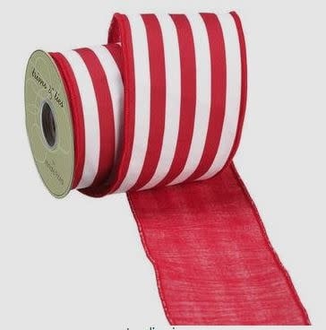 Red flocked velvet ribbon with wired edge in a striped pattern