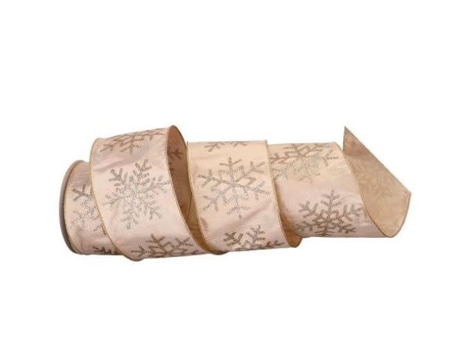 Champagne gold ribbon with glitter snowflake on lame fabric