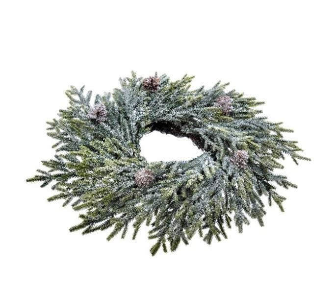 12-inch frosted artificial fir candle ring with pinecones, featuring a circular, wintry design.