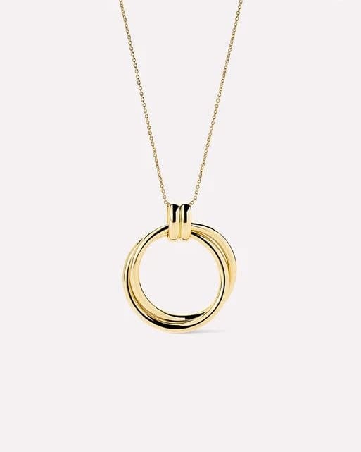 Gold-plated brass pendant necklace with two dangling rings on an adjustable linked chain.