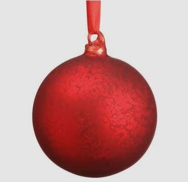 Red mercury glass ball ornament with reflective silver finish.