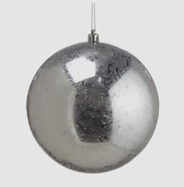Silver plastic spherical Christmas ornament with a smooth finish.