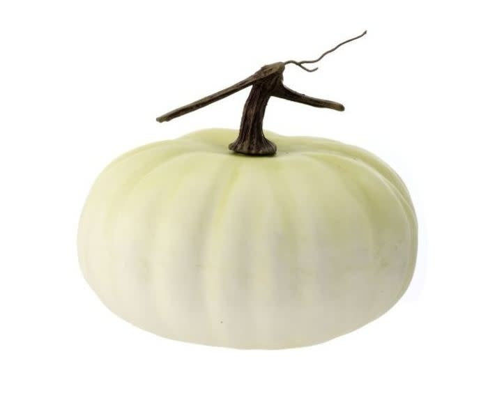 9-inch by 5-inch cream-colored latex harvest pumpkin with a dark brown vine stem.