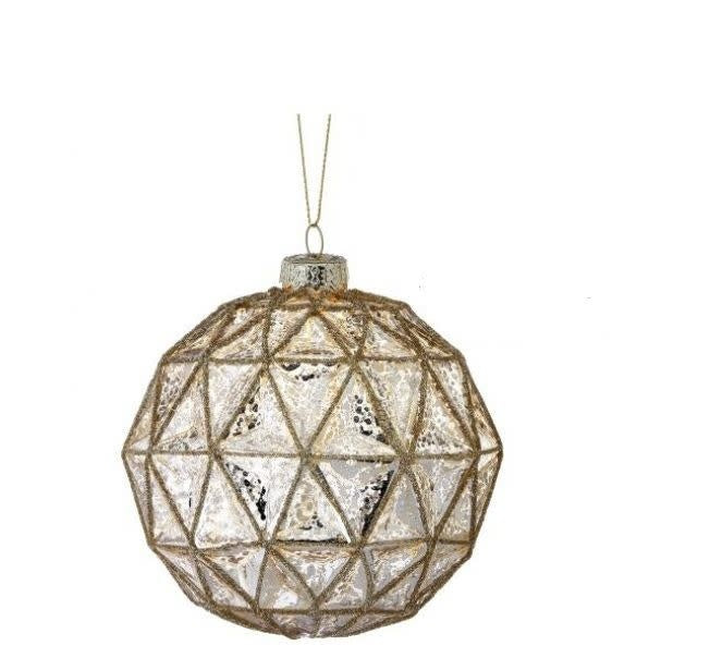 Four-inch mercury glass geometric ball ornament with glitter accents