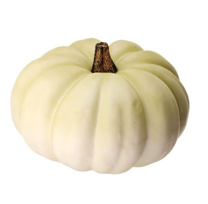 Cream-colored latex harvest pumpkin with a textured brown stem, 12 inches wide.