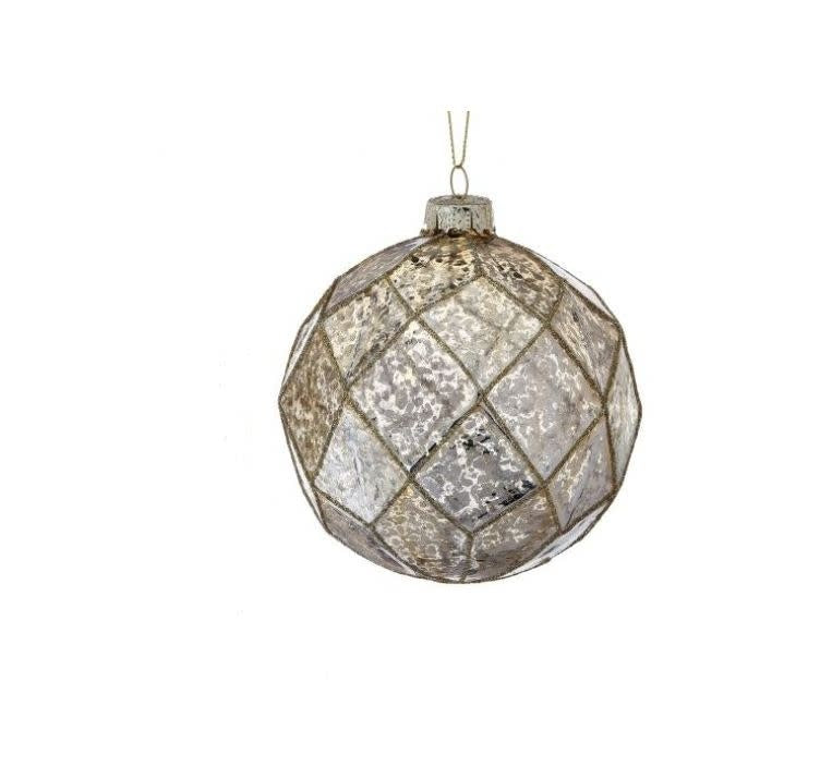 Four-inch mercury glass geometric ball ornament with glitter accents