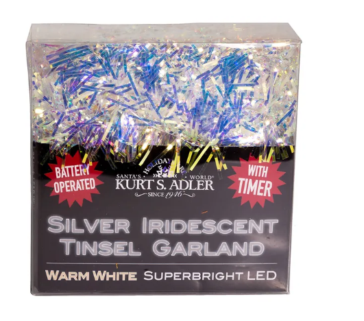 Silver iridescent tinsel string light with twenty warm white LEDs on a four-inch spacing wire.