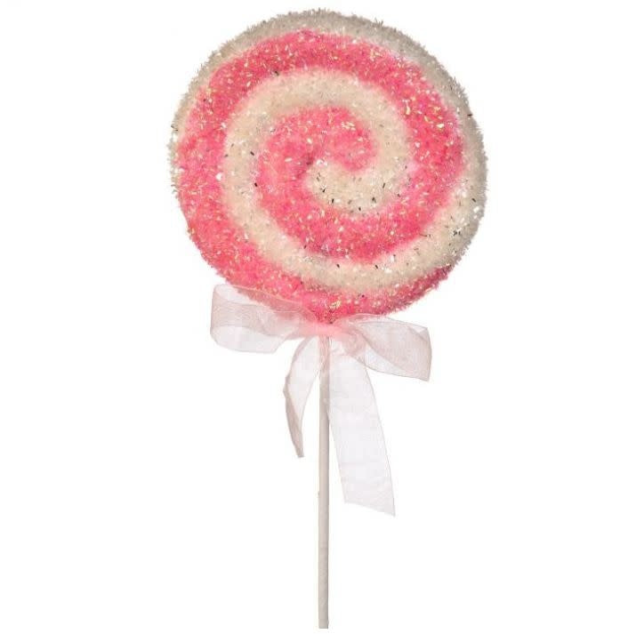 Red and white candy swirl lollipop ornament with a sparkling bow accent
