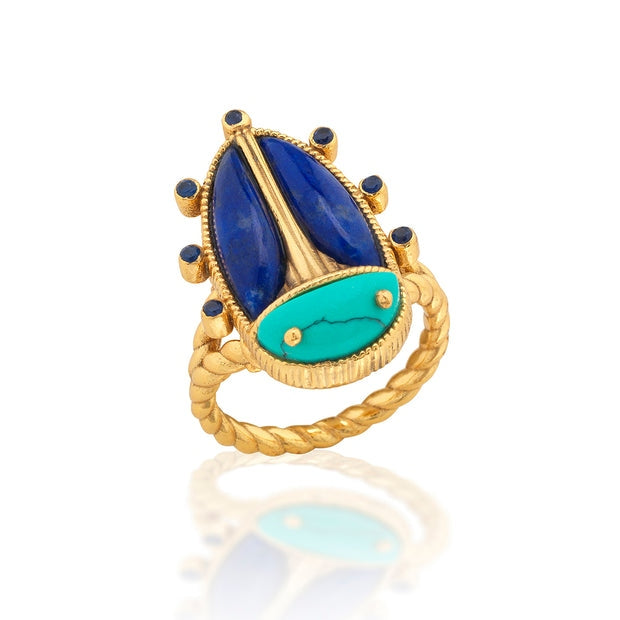 Gold ring band featuring a scarab amulet with polished lapis wings and turquoise head.