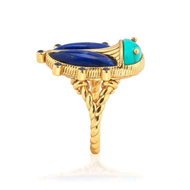 Gold ring band featuring a scarab amulet with polished lapis wings and turquoise head.