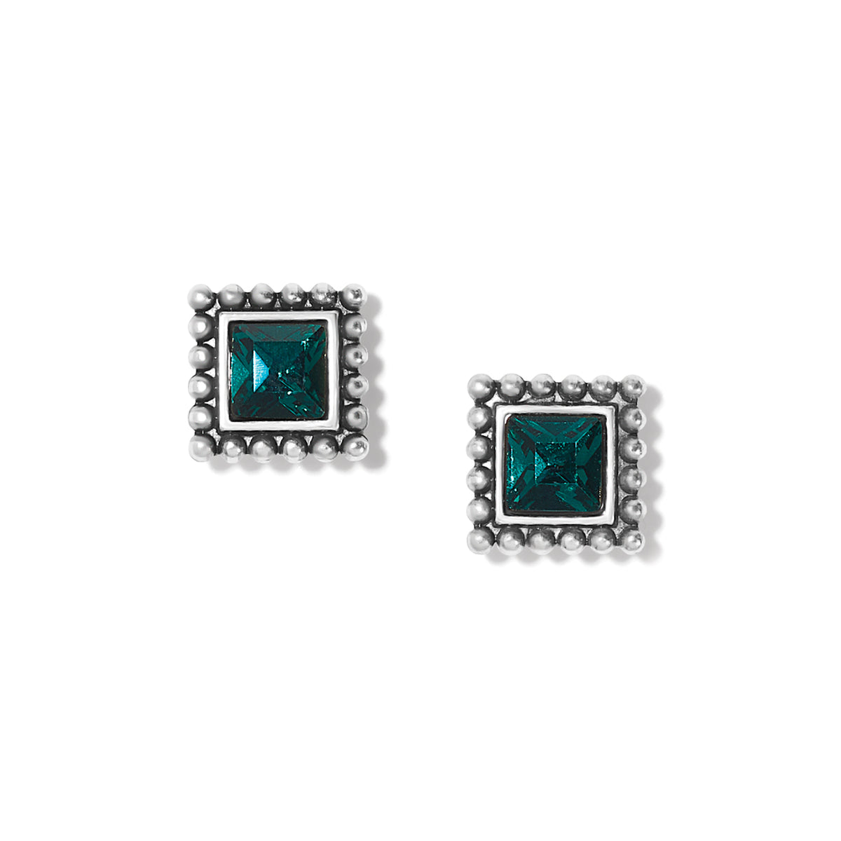 Sparkle Square Green Mini Post Earrings with silver-plated beaded borders and green crystals.