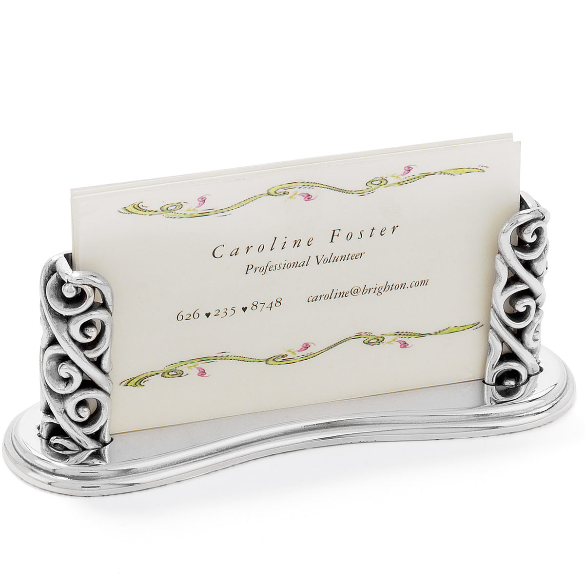 Silver plated crystal ball card holder with a round dome shape.