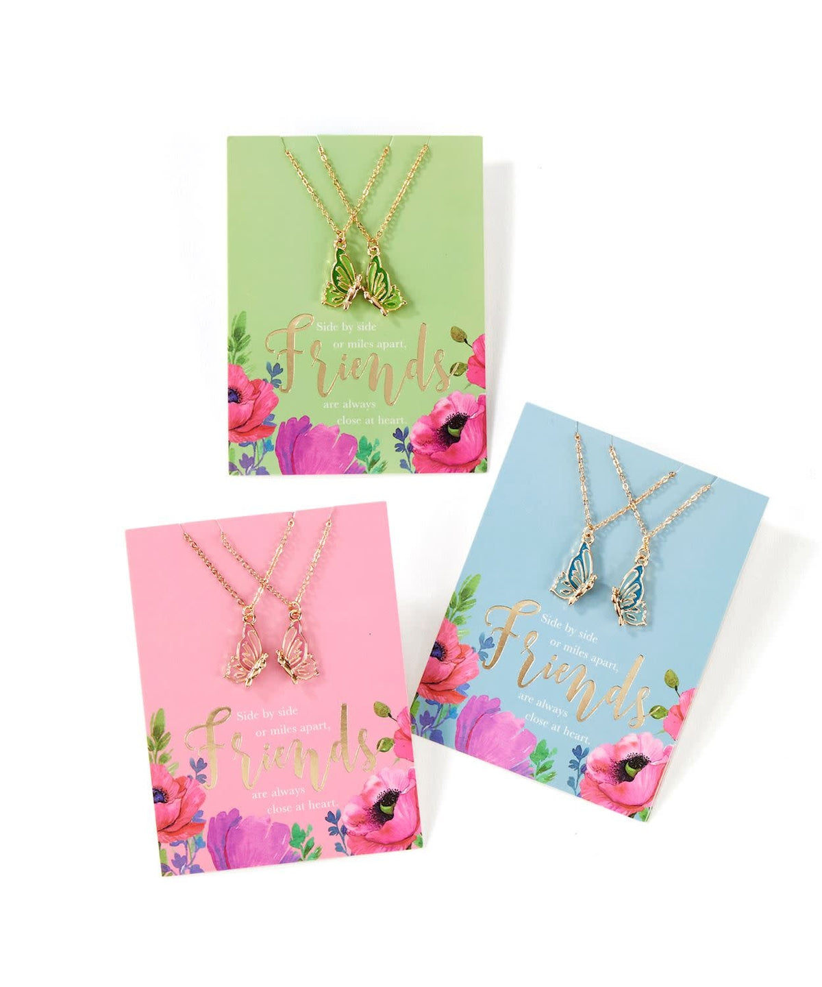 Carded butterfly necklace featuring a bright alloy pendant with dainty wings.