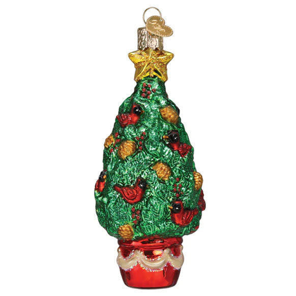 Red cardinal bird ornament with green tree branch accents on a silver hook