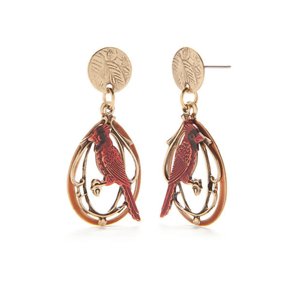 Handcrafted surgical steel earrings featuring a red cardinal on layered filigree with gold-tone finish.
