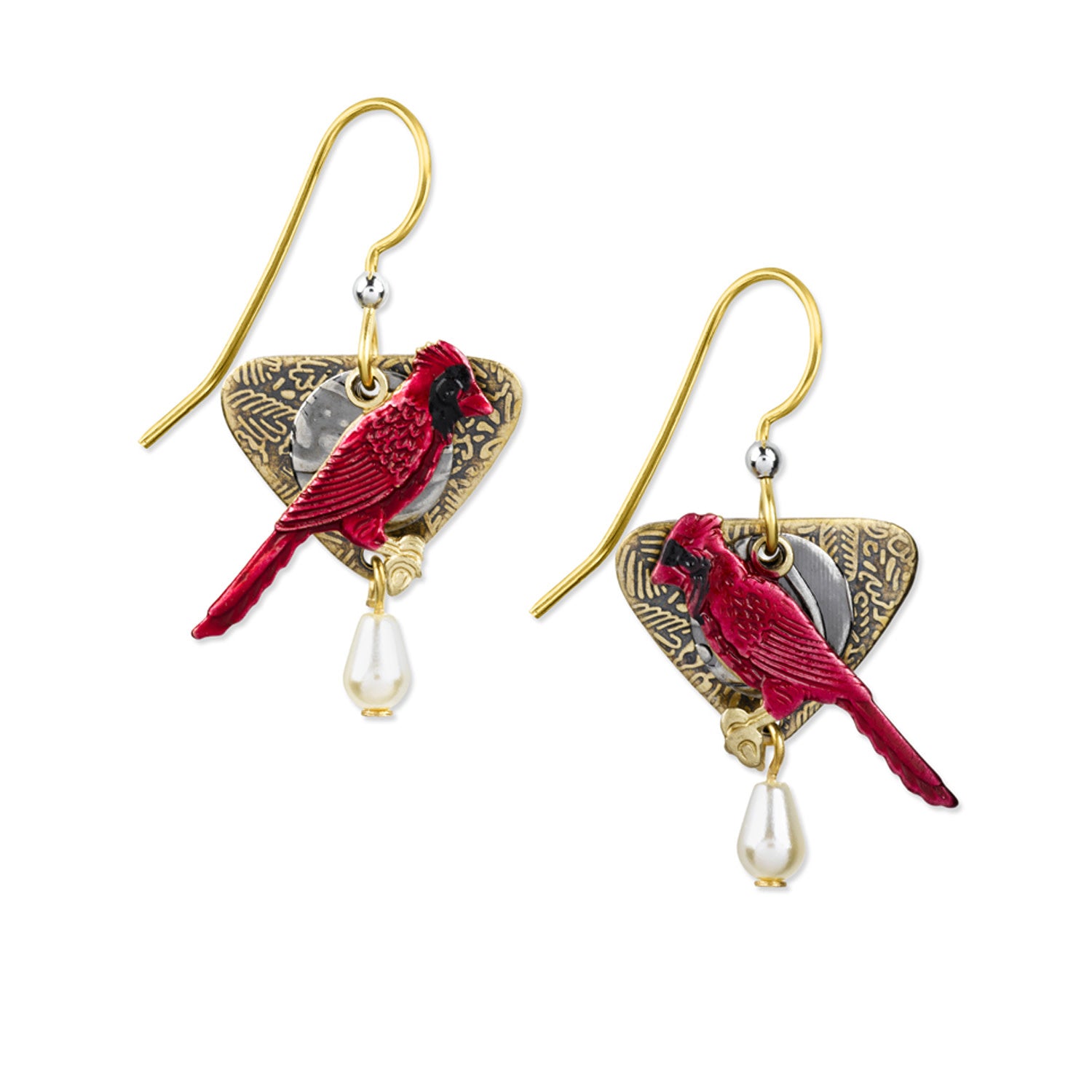 Cardinal red pearl drop earrings with textured brass earwires
