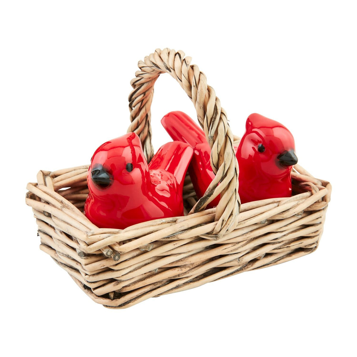 Hand-painted ceramic cardinal salt and pepper shakers in woven basket caddy