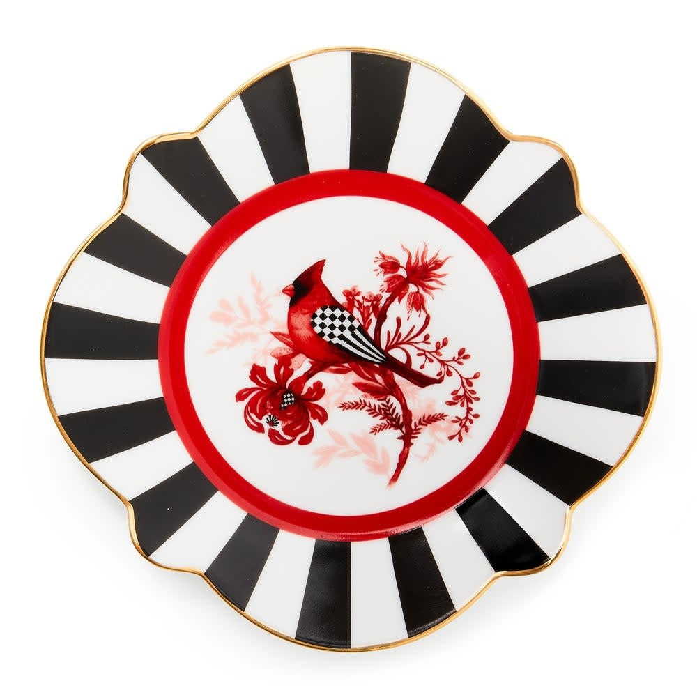 Porcelain bread & butter plate with red cardinal floral toile center, black white striped edge and gold lustre trim.
