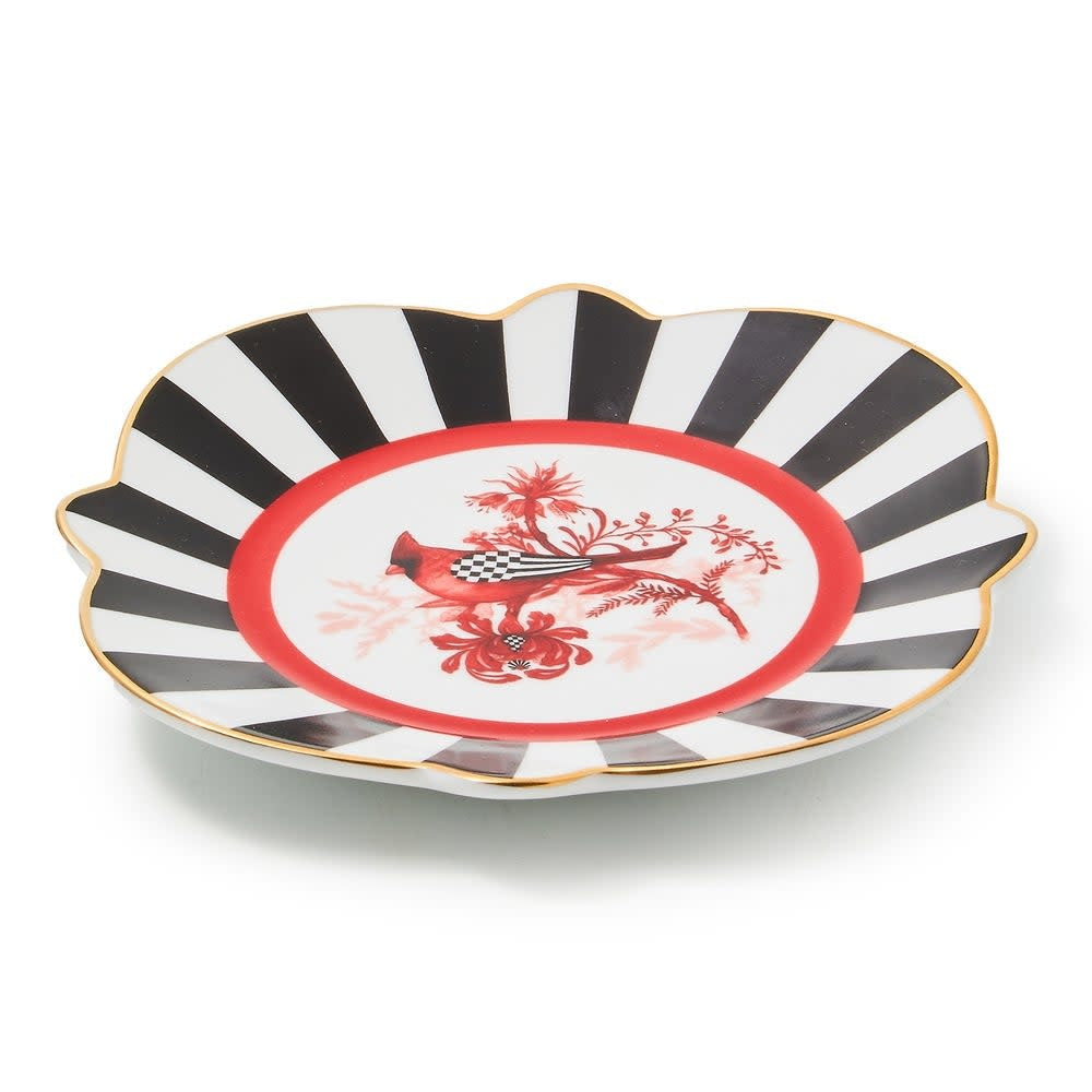 Porcelain bread & butter plate with red cardinal floral toile center, black white striped edge, and gold lustre trim.