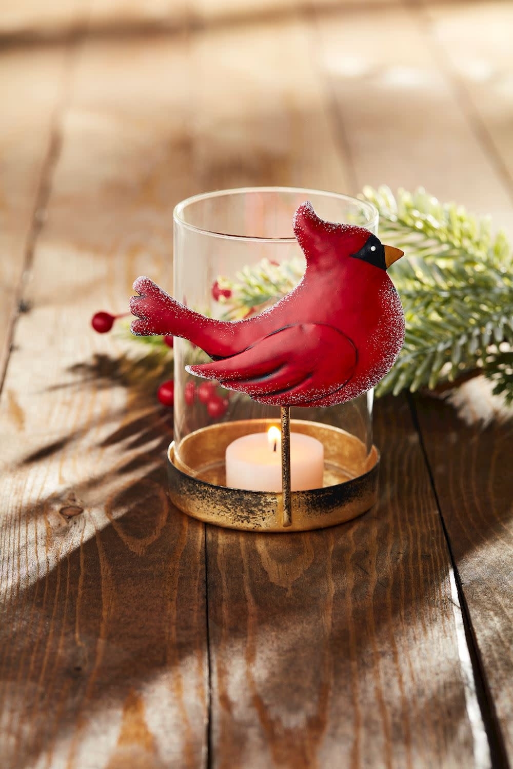 Glass Cardinal Votive with tin exterior and metal base