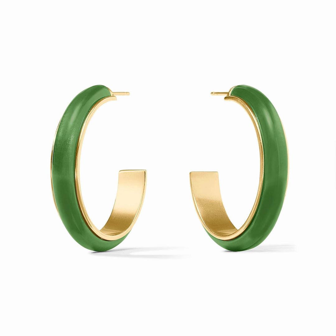 Palmetto green acetate Carnaby hoop earrings with 24K gold plating and pierced ear posts.