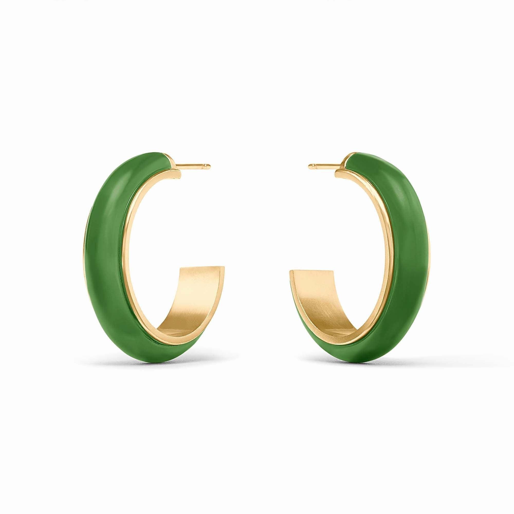 Medium-sized Carnaby hoop earring in palmetto green acetate with a gold-plated post and back.