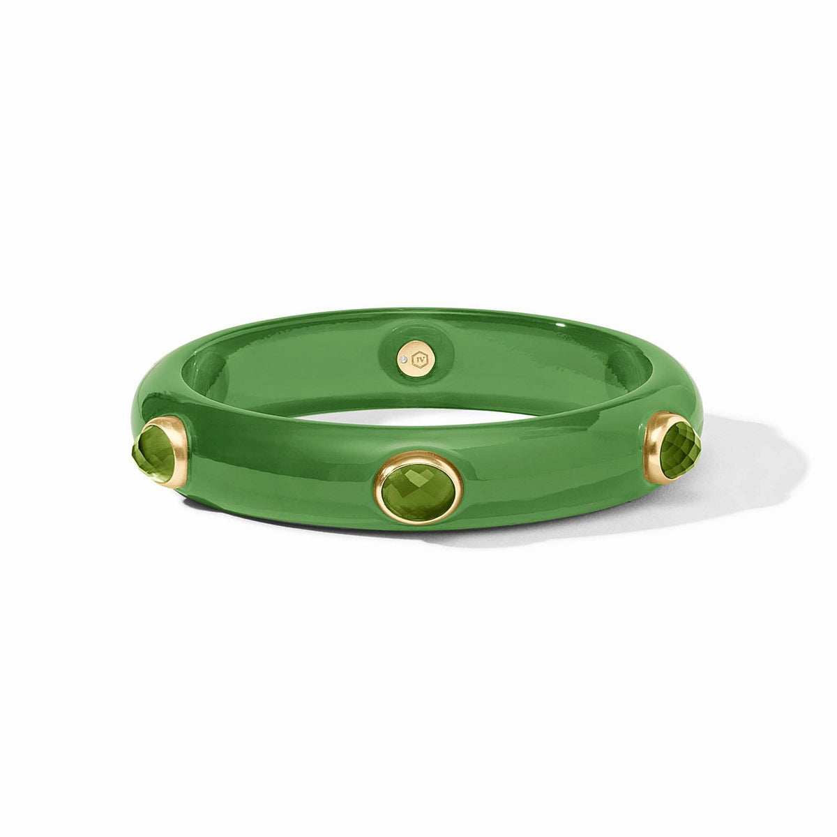 Carnaby Stone bangle in palmetto green acetate with imported glass stone and 24K gold plate.