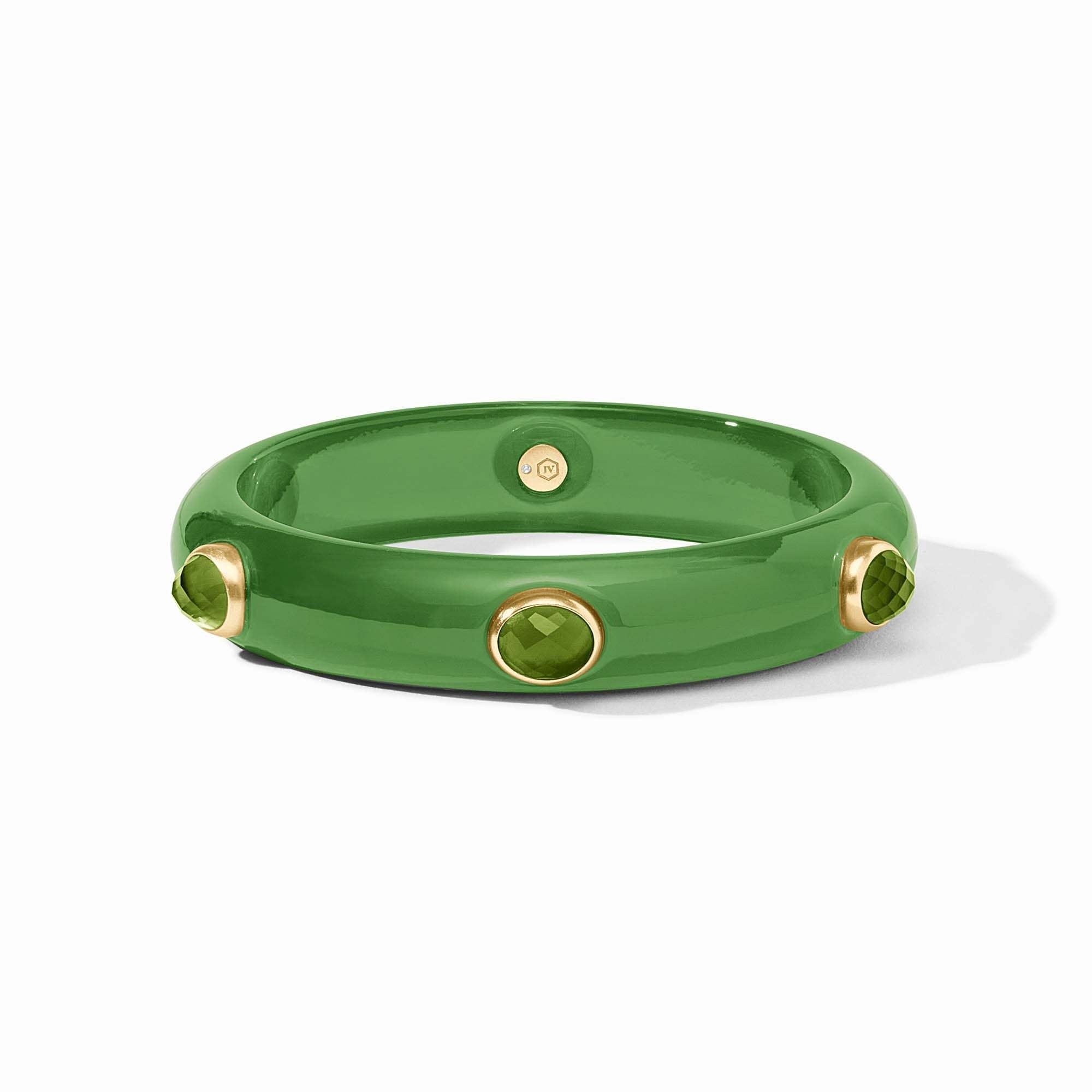 Carnaby Stone bangle in palmetto green acetate with imported glass stone and 24K gold plate.