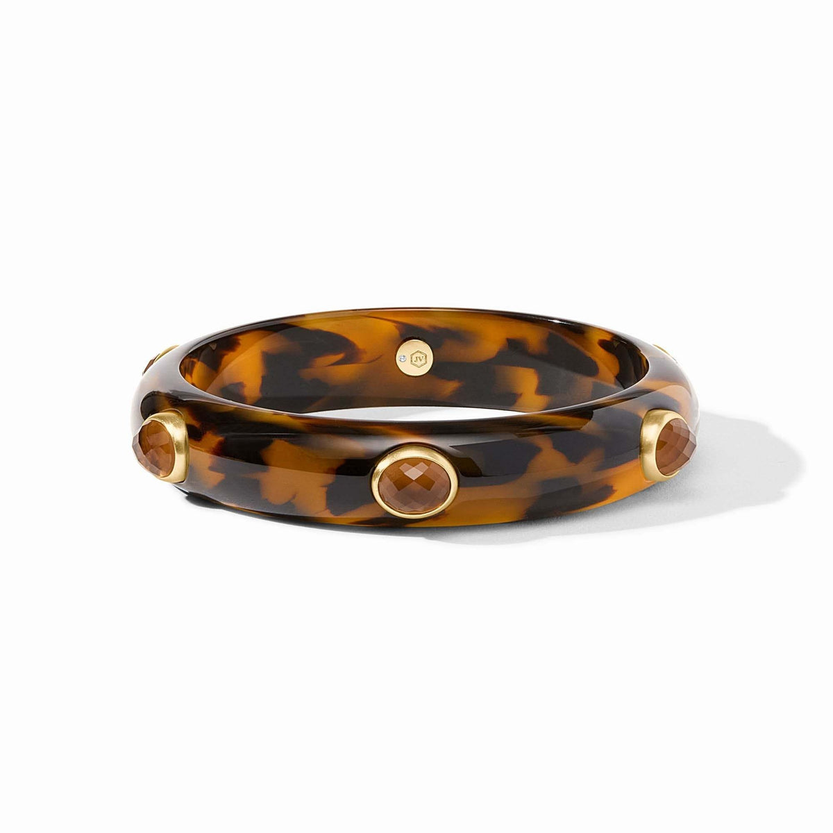 Carnaby Stone bangle in tortoiseshell acetate with gold plating and imported glass accents.