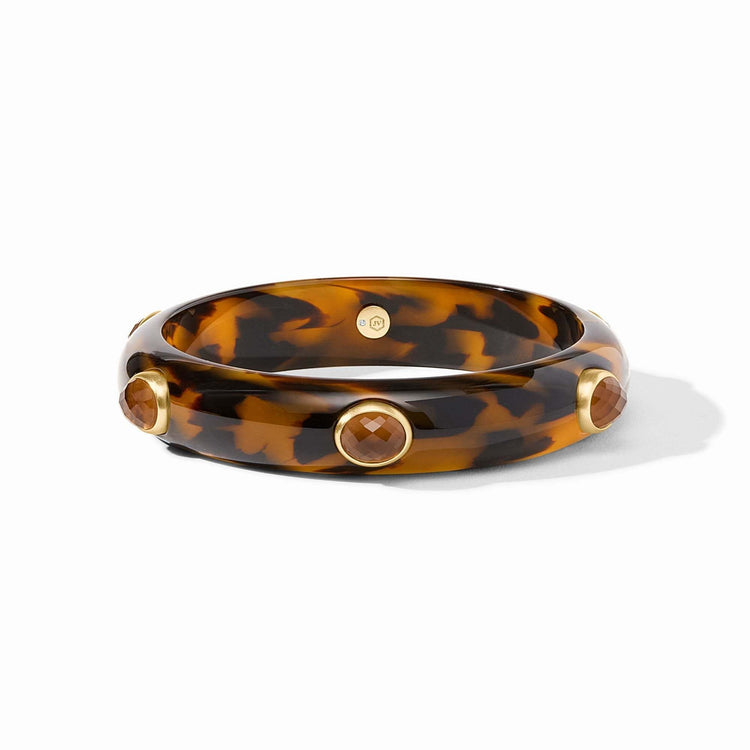 Carnaby Stone bangle in tortoiseshell acetate with gold plating and imported glass accents.