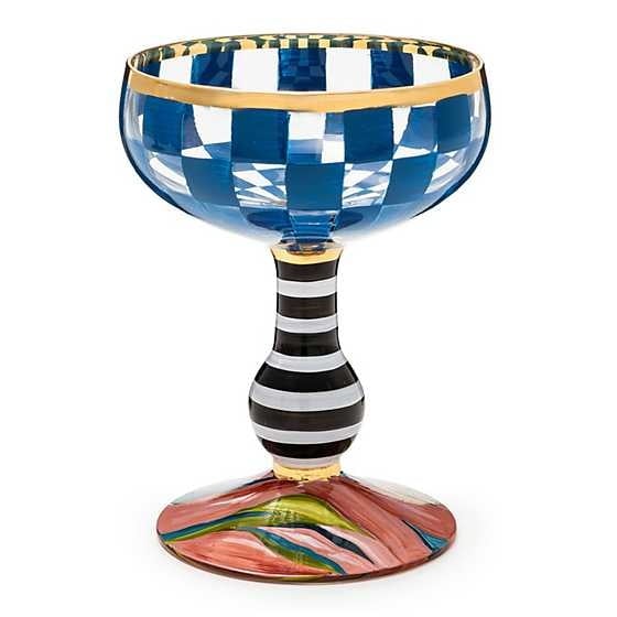 Hand-blown Carnival Coupe glass with colorful swirls in clear material