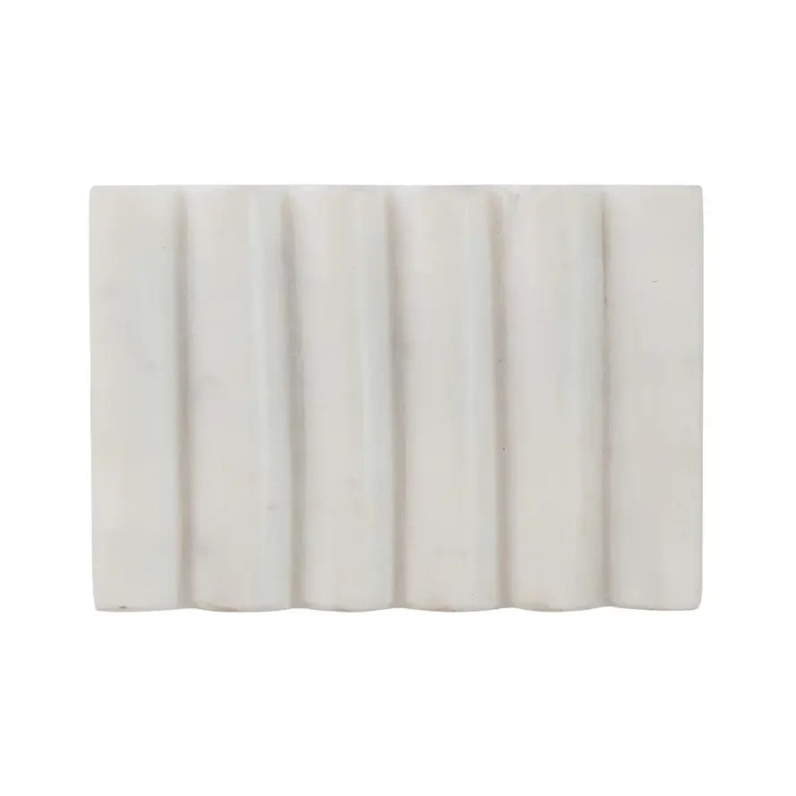 White carved marble soap dish with a groove drainage design
