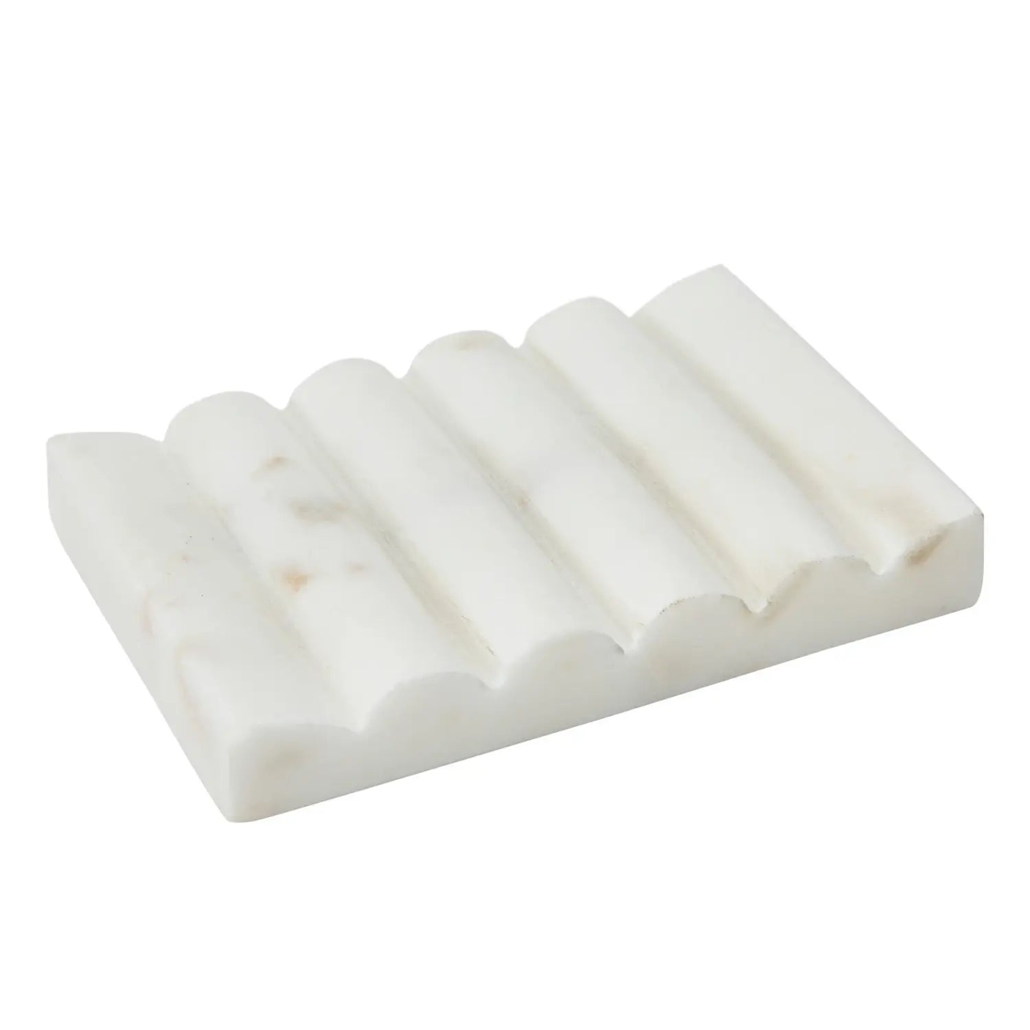White carved marble soap dish with a groove drainage design