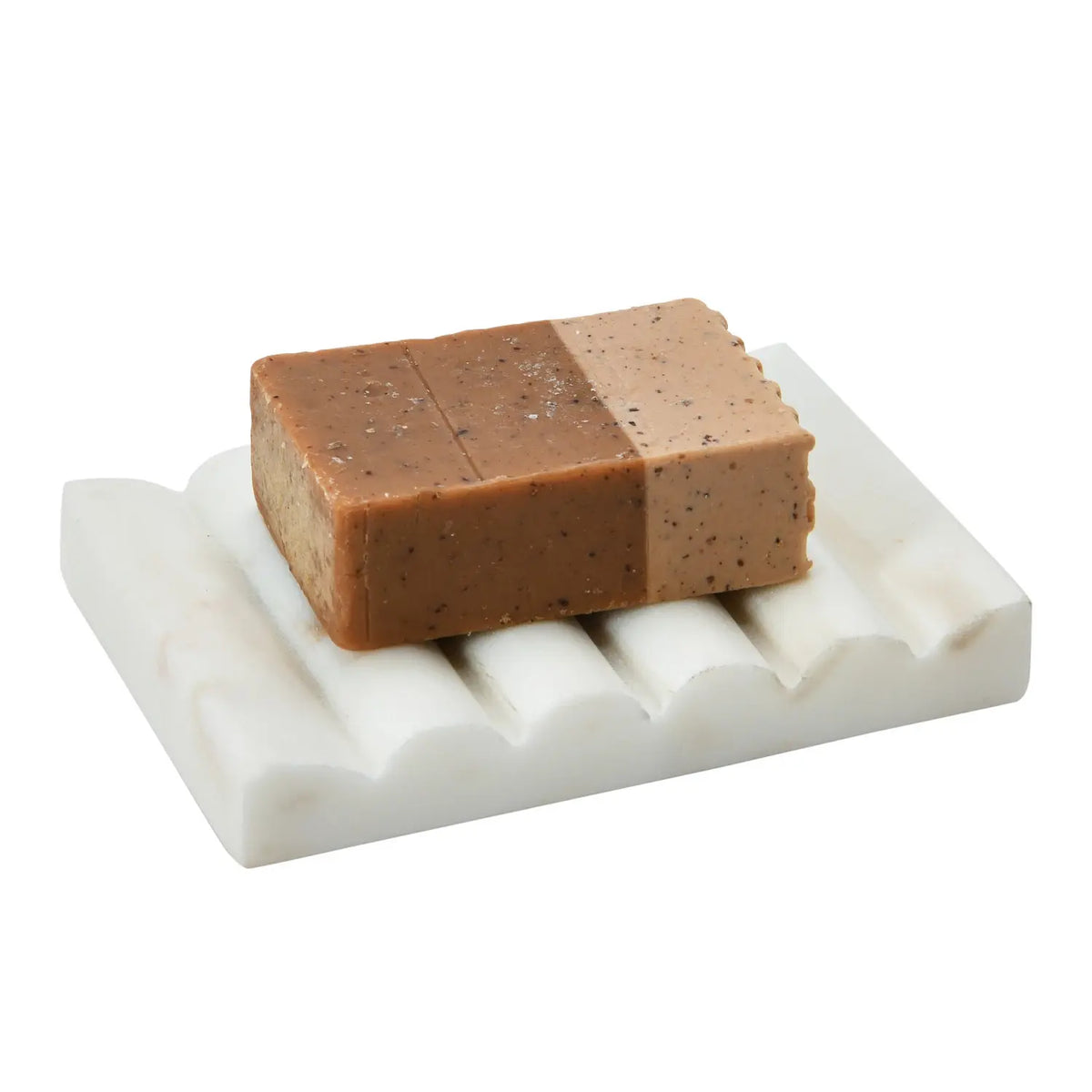White carved marble soap dish with a groove drainage design