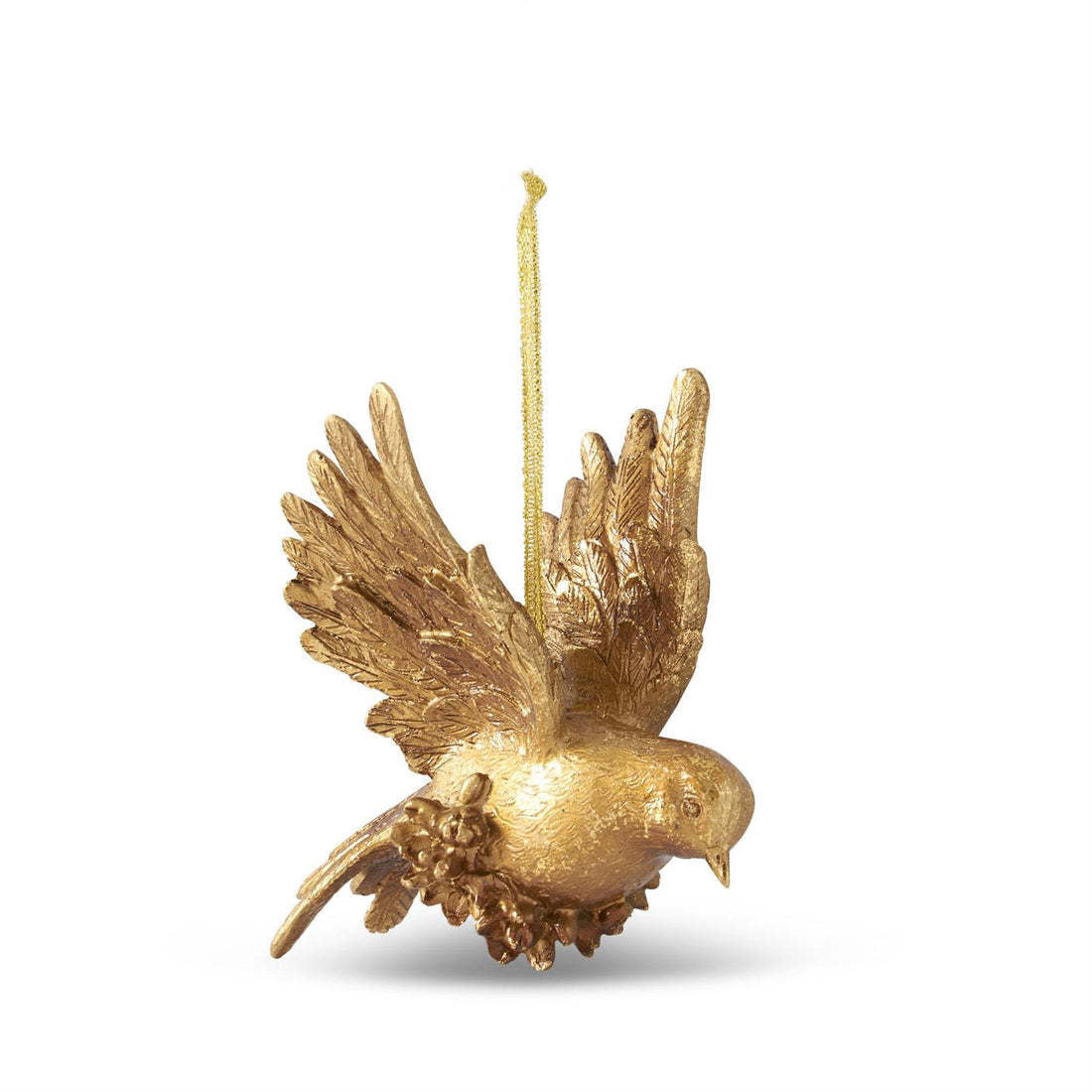 Carved resin bird ornament with gold leaf accents in a downward-facing pose.
