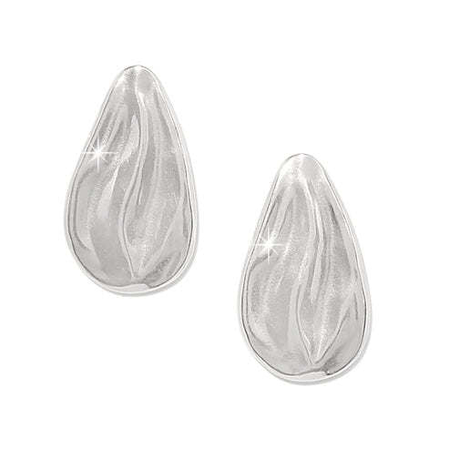Silver plated teardrop-shaped drop post earrings with a fluid metal sculpture silhouette.