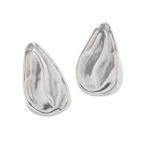 Silver plated teardrop post earrings with flat disc backs inspired by fluid metal sculptures.