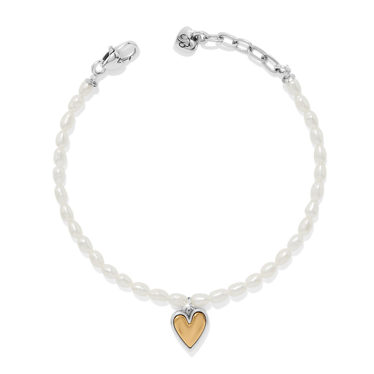 Adjustable gold-tone two-tone rice pearl bracelet featuring a heart-shaped pendant closure.