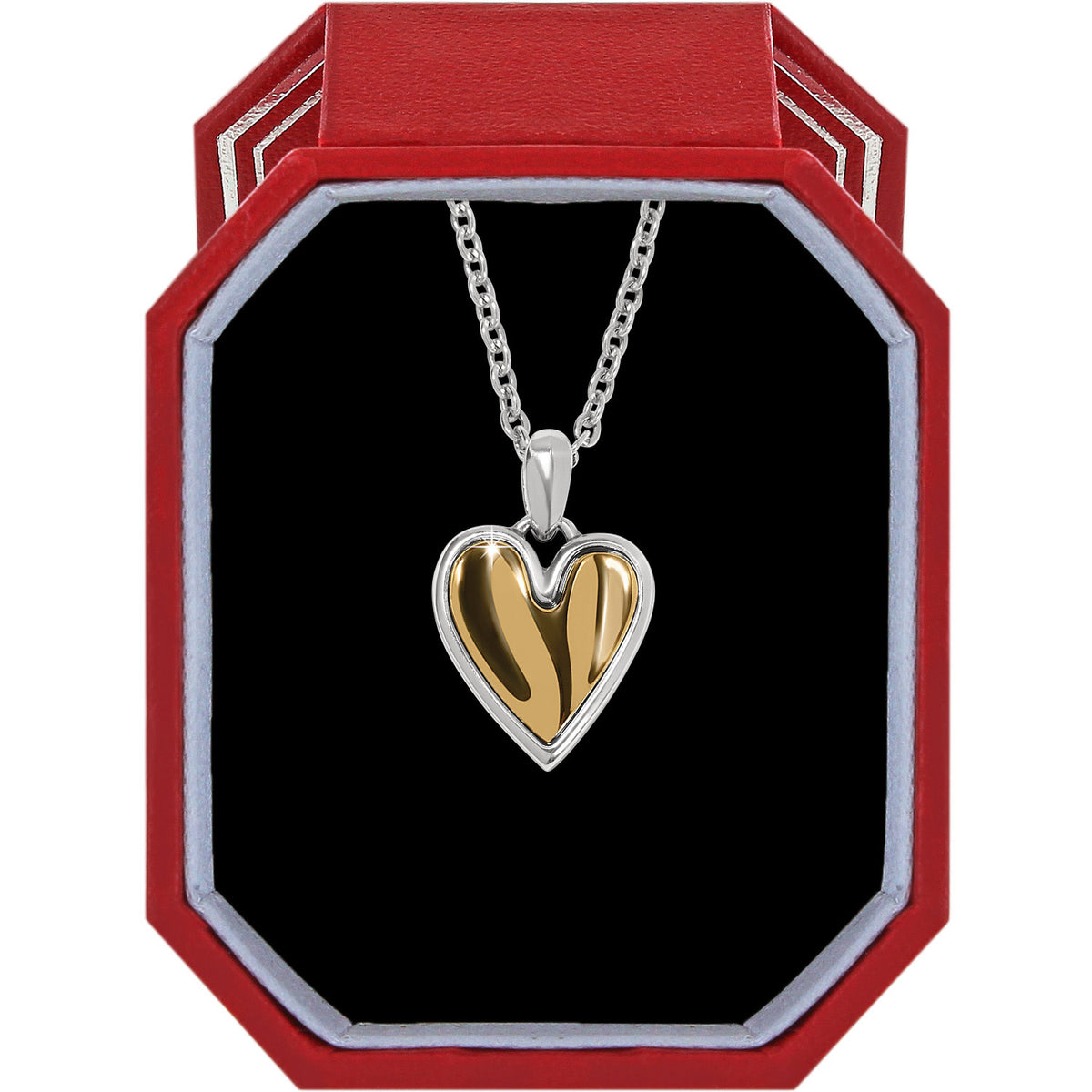 Silver-gold two-tone cascade heart pendant necklace on a silver chain in an exclusive gift box.