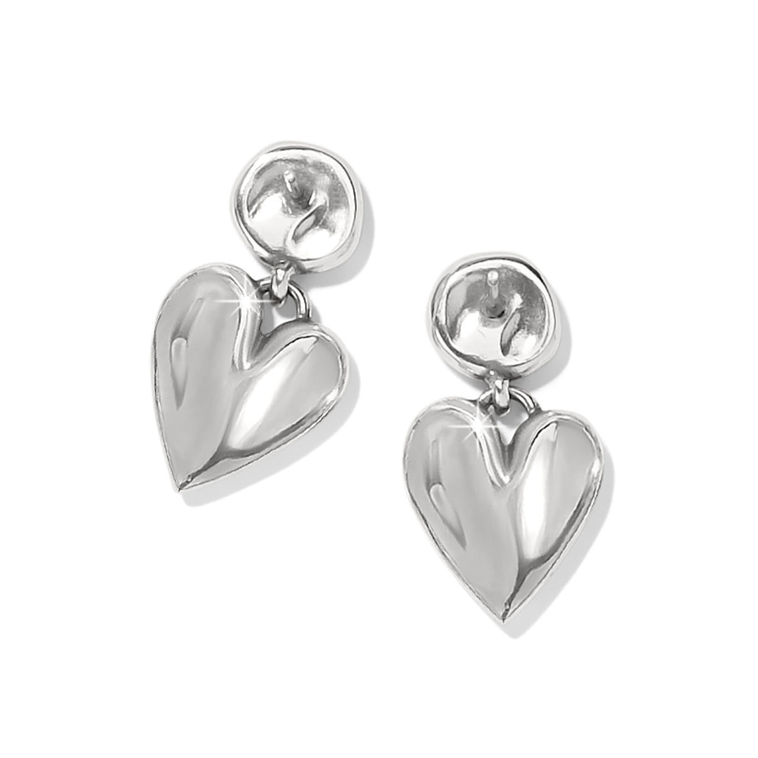 Silver post earrings with golden button caps featuring hanging waterfall-shaped hearts.