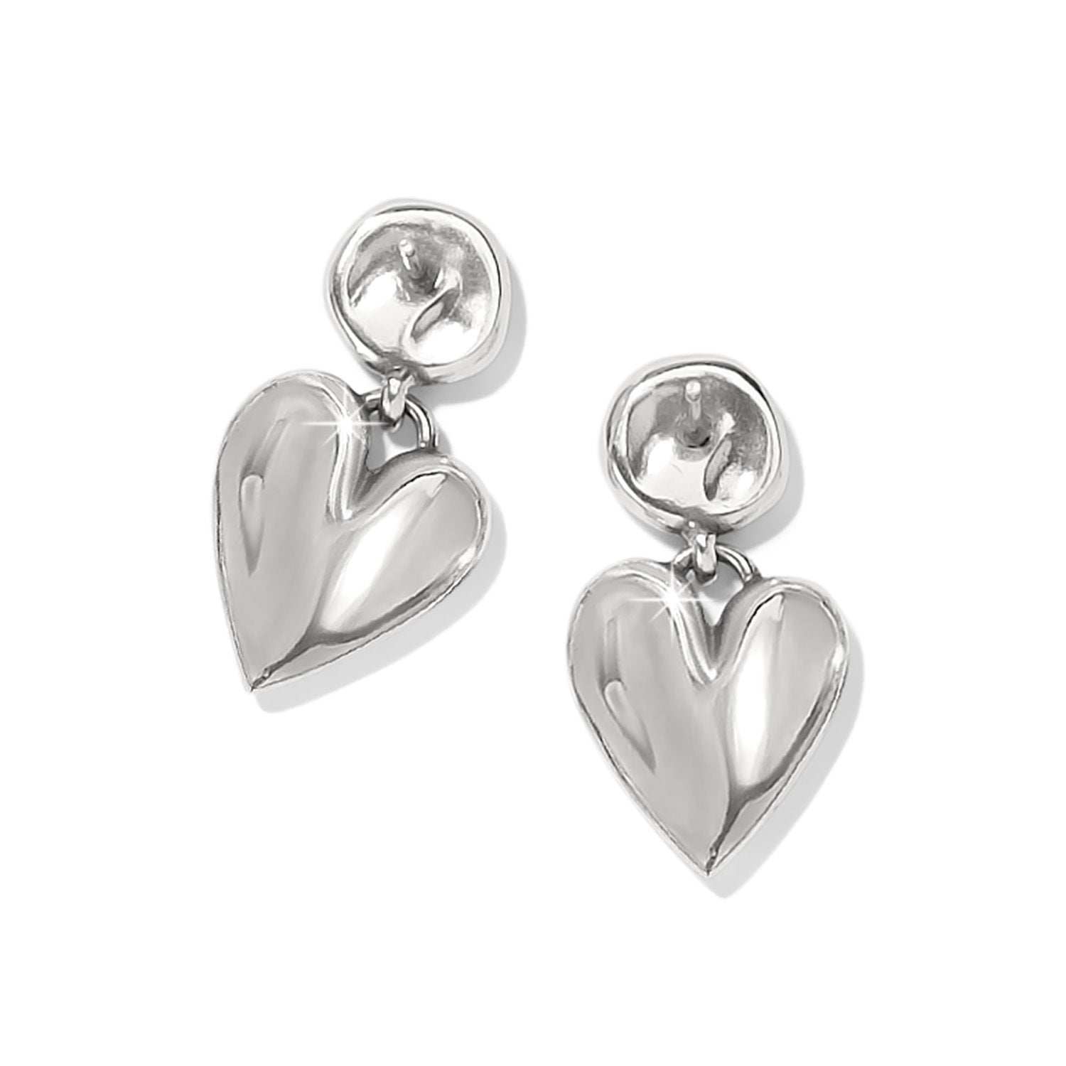 Silver post earrings with golden button caps featuring hanging waterfall-shaped hearts.