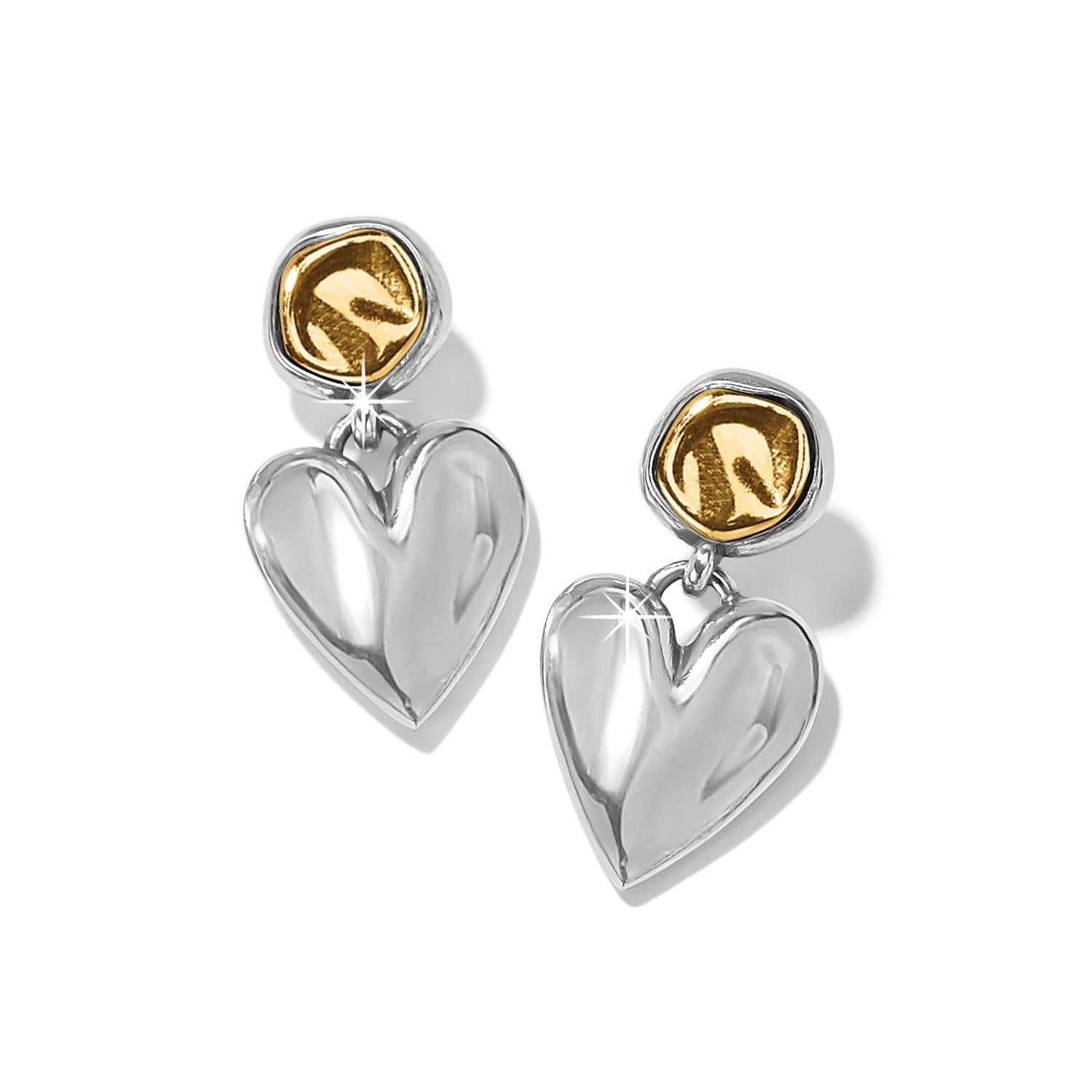 Silver post earrings with golden button caps featuring a fluid two-tone waterfall heart drop.