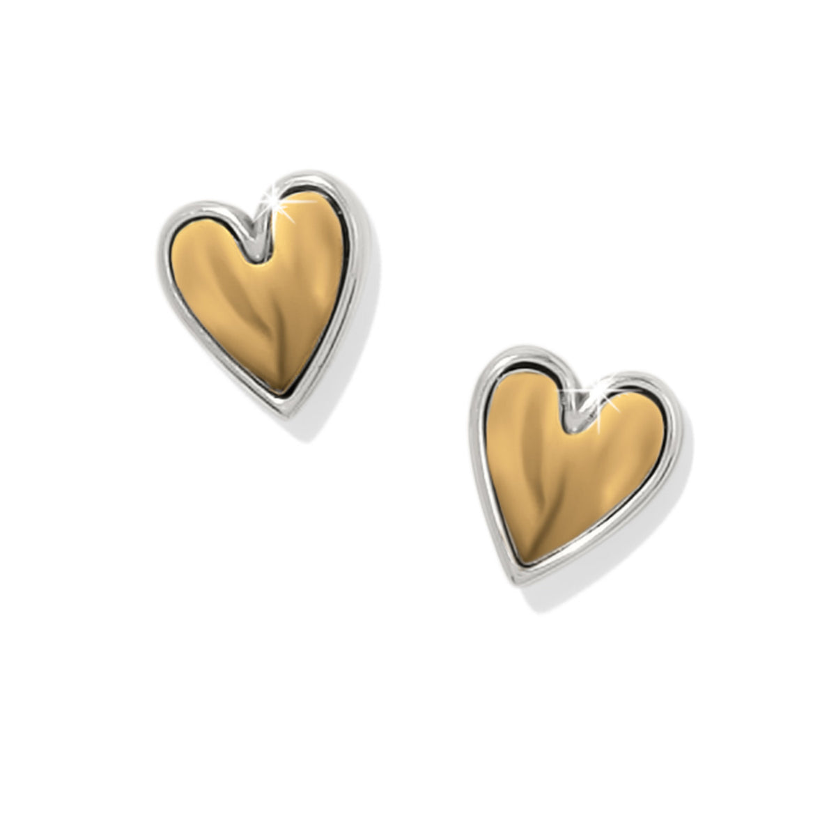 Silver post earrings with golden button caps and fluid waterfall-shaped heart drops.