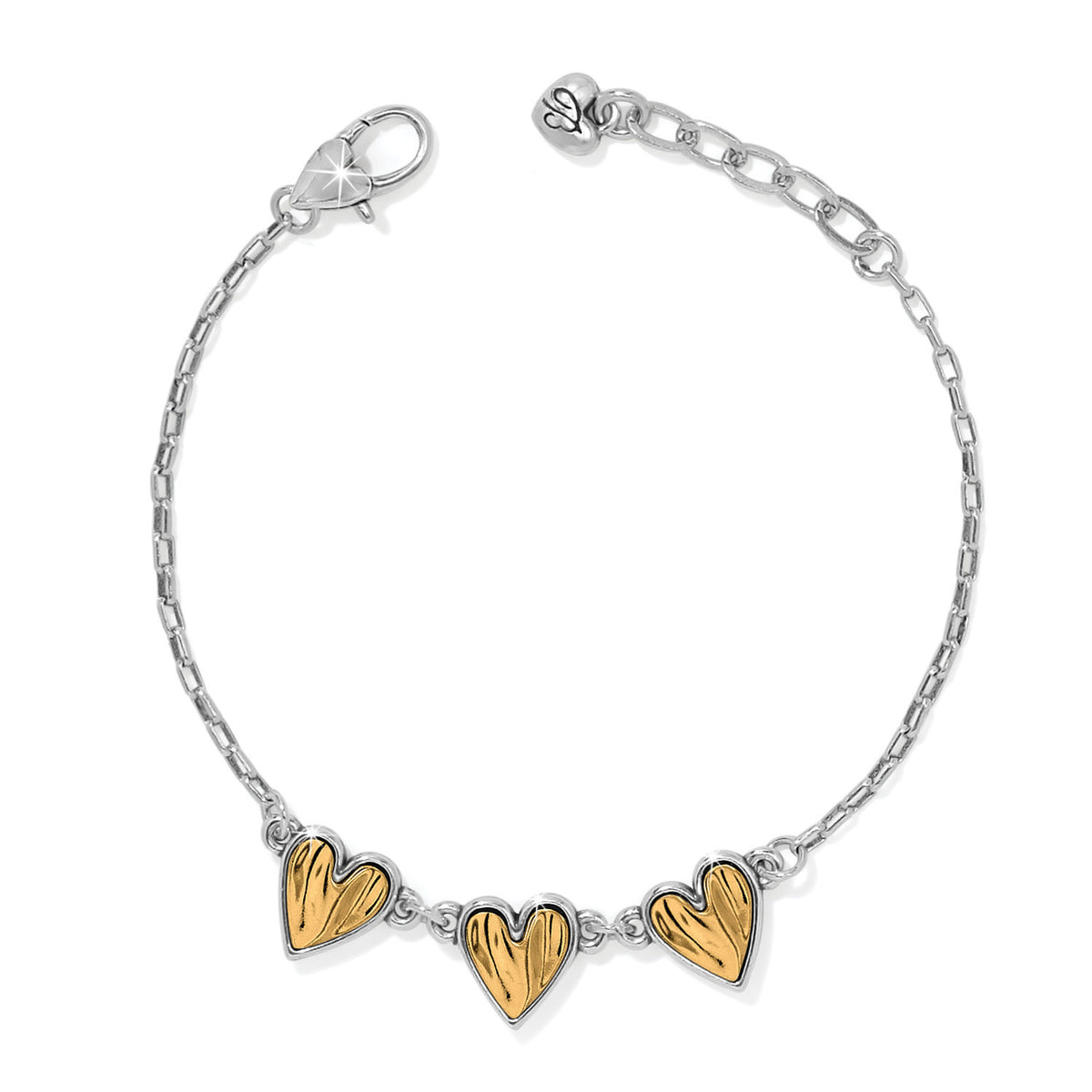 Two-tone silver and gold adjustable bracelet with lobster claw closure featuring a cascading heart trio silhouette.